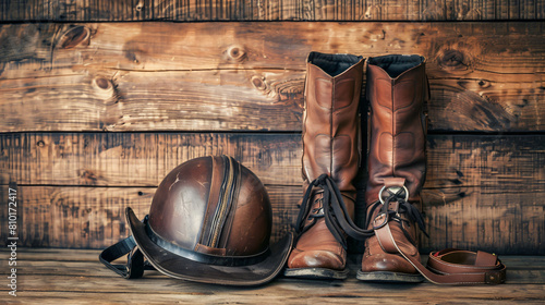 Horse riding helmet and boots with crop on wooden background photo