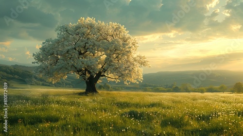 Spring meadow with big tree with fresh green leaves