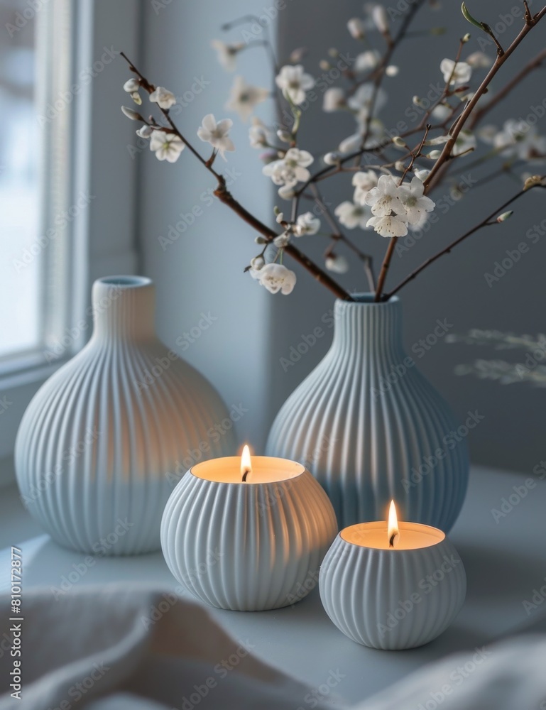 Table With Three White Vases Filled With Candles
