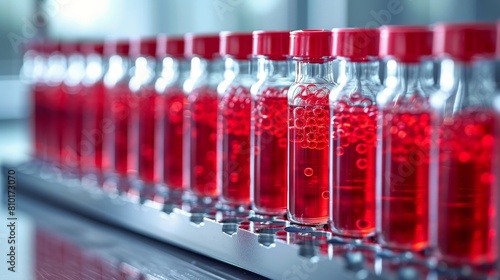 Row of Bottles Filled With Red Liquid