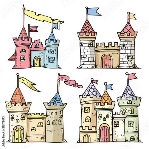 Handdrawn castles colorful cartoon style, medieval architecture towers flags. Fantasy fairytale castles collection, creative kids illustration pink blue yellow. Doodle design, playful vector art