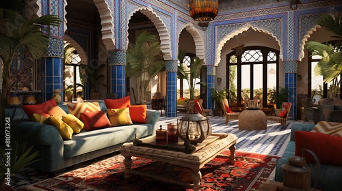 Construct a Moroccan-inspired living room with mosaic patterns and vibrant textiles