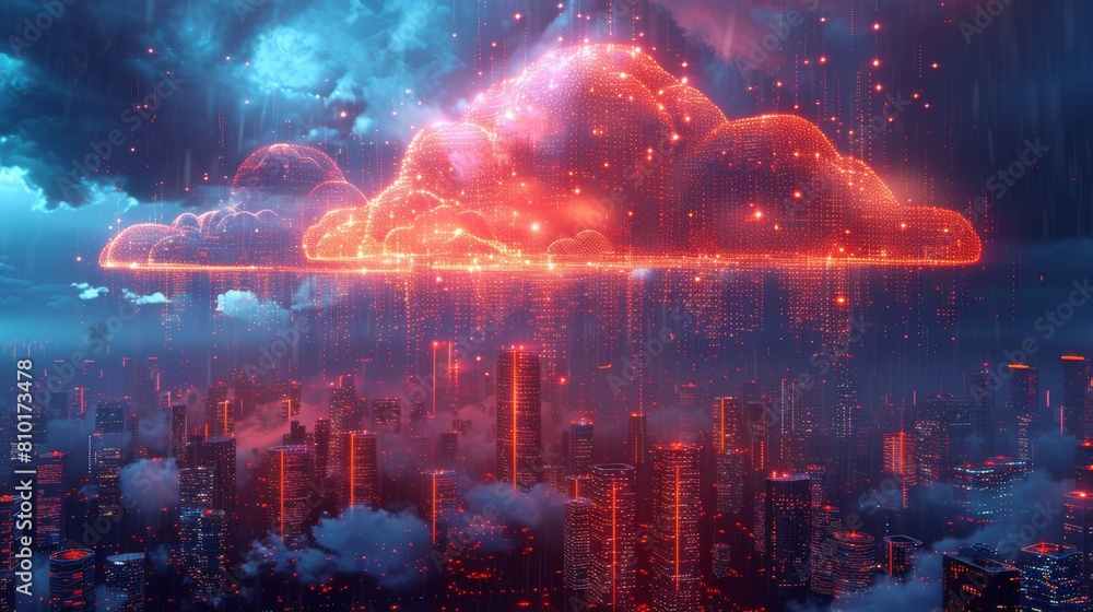Digital cityscape with cyber clouds at night Digital cityscape with cyber clouds at night