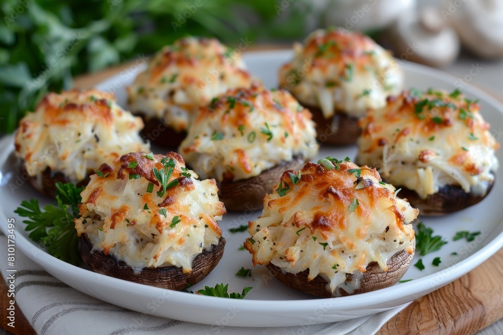 White Plate With Crab Stuffed Mushrooms Covered in Cheese White Plate With Crab Stuffed Mushrooms Covered in Cheese