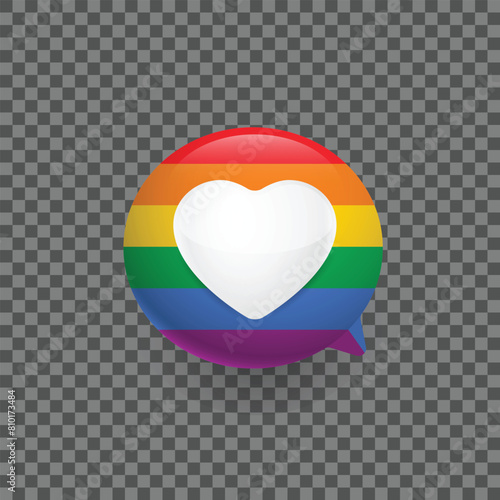 Chat bubble with lgbt flag colors. Rainbow flaga and a symbol of heart. Vector illustration.