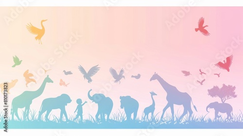 A colorful background with a variety of animals  including giraffes  elephants