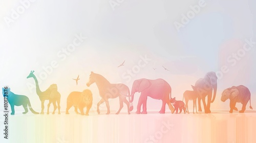 A colorful image of many different animals  including elephants  zebras