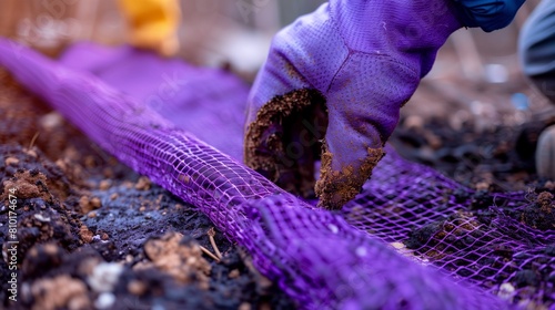 Detailed Photo of a Purple Geotextile Fabric Being Applied in Landscape Engineering photo
