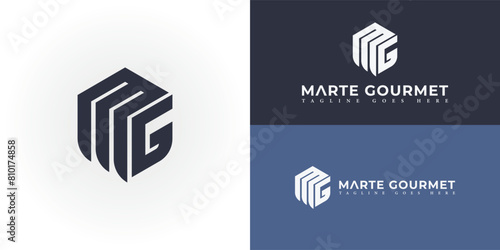 Abstract initial hexagon letter MG or GM logo in black color isolated on multiple background colors. The logo is suitable for business and consulting company icon logo design inspiration templates.