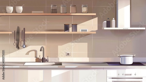 Modern hotel kitchen interior with washbasin and stove  minimalist shelves realistic