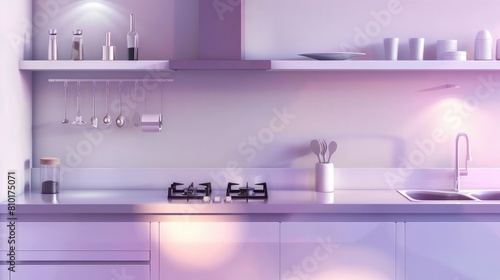 Modern hotel kitchen interior with washbasin and stove, minimalist shelves realistic