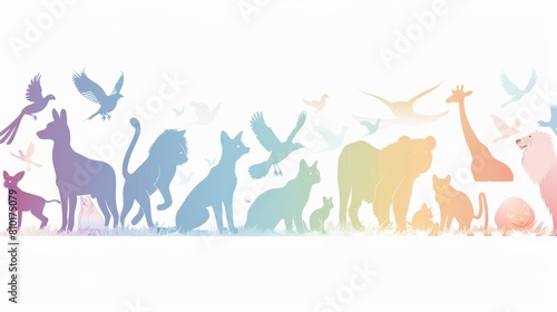 A colorful line of animals  including a dog  cat  bird  and bear
