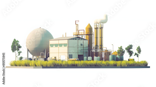 Renewable energy farm with hydrogen production facilities in the background isolated on white background, vintage, png
 photo
