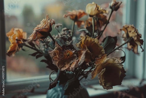 Withered flowers in a vase, symbolizing fleeting beauty and the passage of time