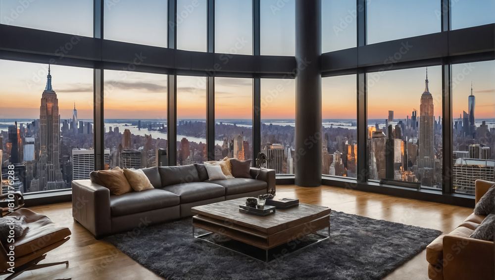 beautiful modern living room with panoramic windows overlooking New York beautiful modern living room with panoramic windows overlooking New York