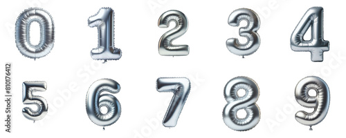 3D Render of silver inflatable foil baloons set. Bright party decoration figures. silver numbers isolated on white background.	