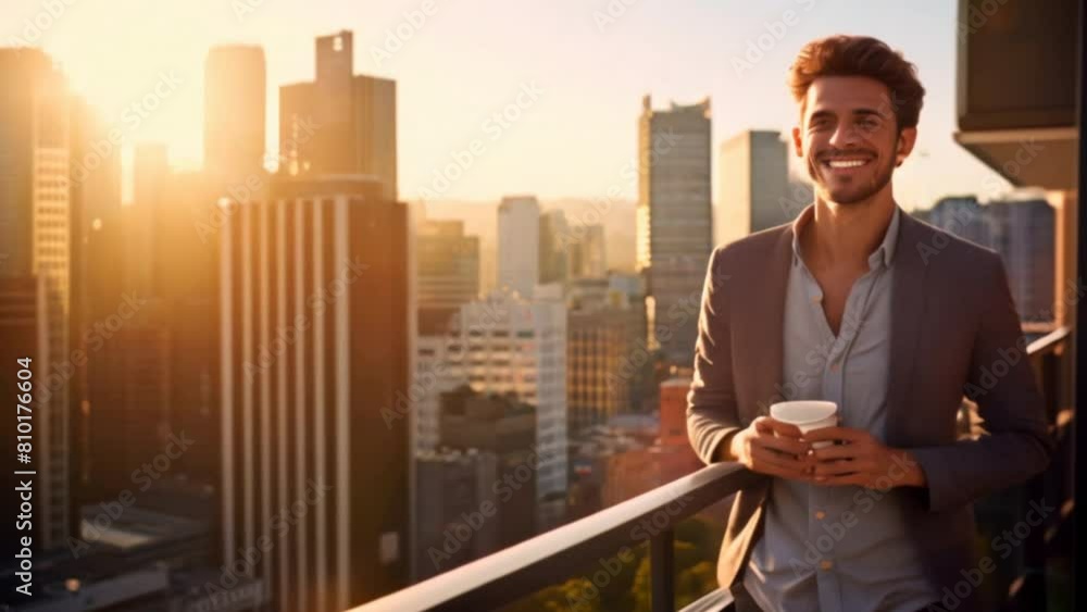 A young man stands on the balcony with coffee in the morning. A young man stands on the balcony with coffee in the morning.