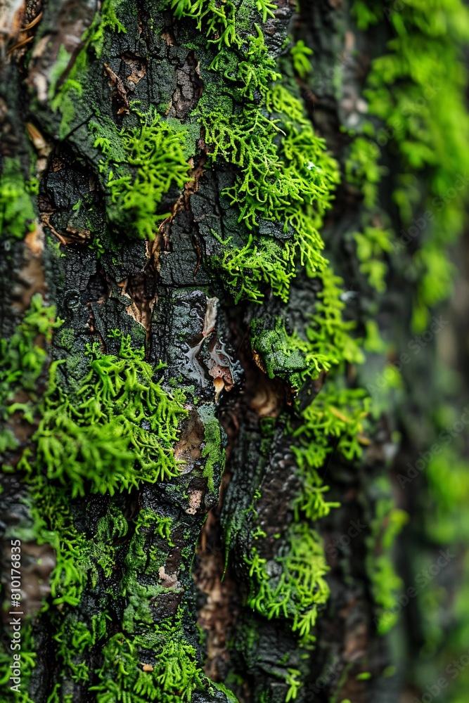 Obraz premium Macro view of wet moss texture enveloping a tree trunk, revealing its lush green coloration