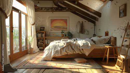 Interior of light cozy bedroom with wooden tables