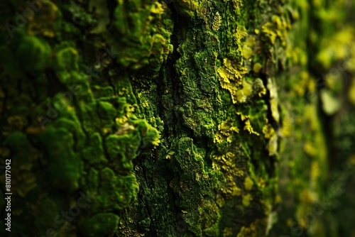 Macro shot capturing the vibrant green moss texture on a tree trunk, illuminated by dampness