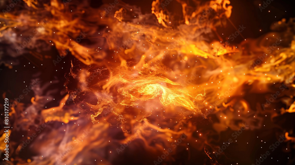 This intense image captures the dynamic beauty of a firestorm with vivid orange and yellow flames intermingling with dark, smoke-infused air, creating a dramatic and powerful abstract background