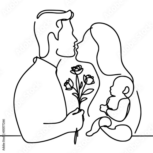 Loving husband presenting flowers to his wife with a baby in her arms on Mother's Day, wedding anniversary, or birthday. Vector illustration of family love and celebration of special moments.