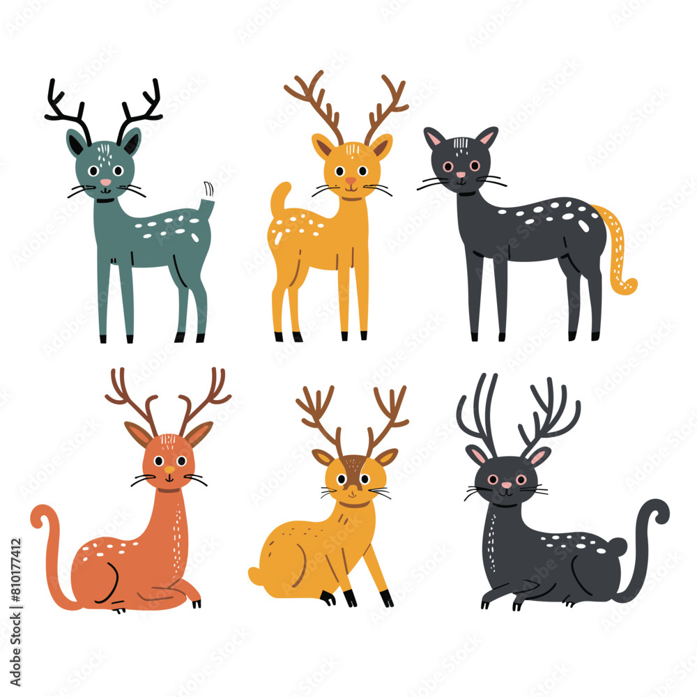 Collection cute cartoon deer characters various poses. Colorful, stylized vector illustration six deer, perfect childrens book card designs, isolated white background, deer features unique colors Collection cute cartoon deer characters various poses. Colorful, stylized vector illustration six deer, perfect childrens book card designs, isolated white background, deer features unique colors