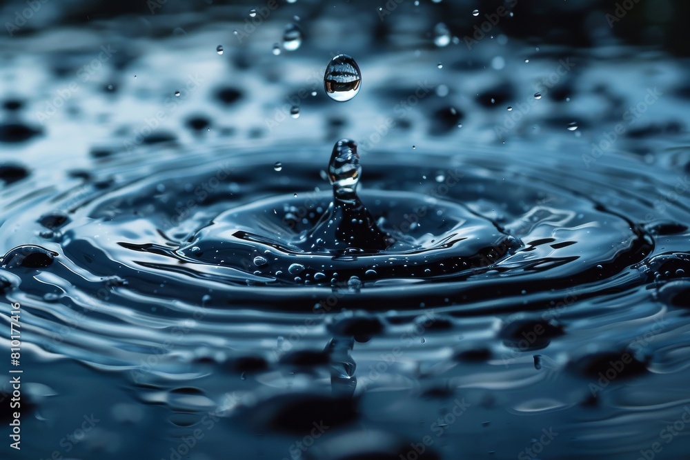 Crisp and detailed capture of a water droplet's splash, frozen in time against a deep blue background Crisp and detailed capture of a water droplet's splash, frozen in time against a deep blue background