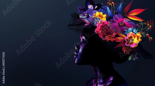 Artistic silhouette of a black woman with a floral hat, dramatically contrasted against a deep black gradient, ideal for text placement © JP STUDIO LAB
