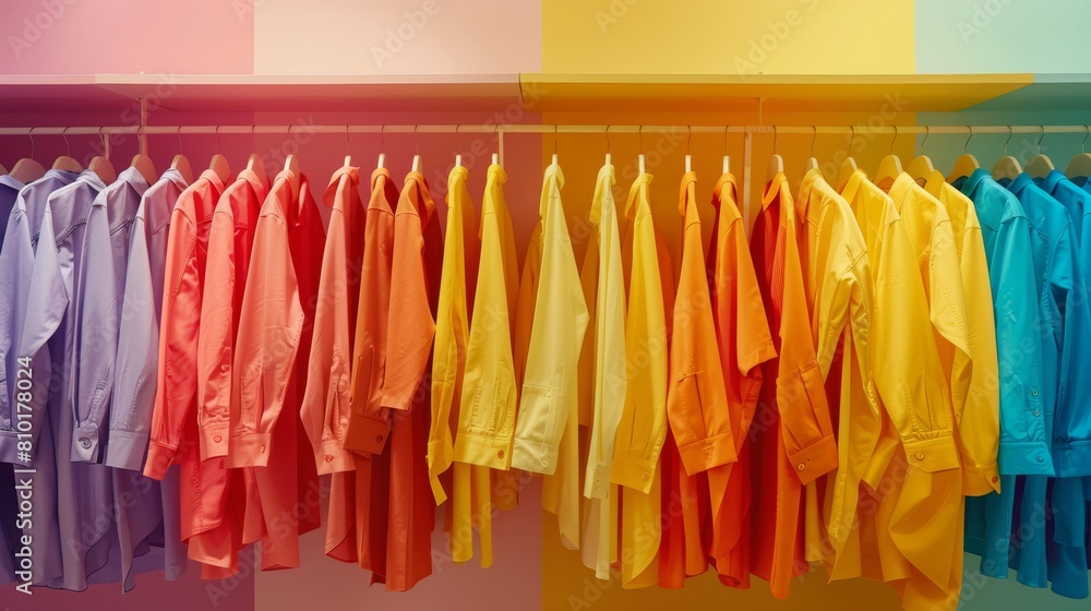 Array of brightly colored, well-organized garments against a soft, muted backdrop, highlighting the cheerful and orderly display