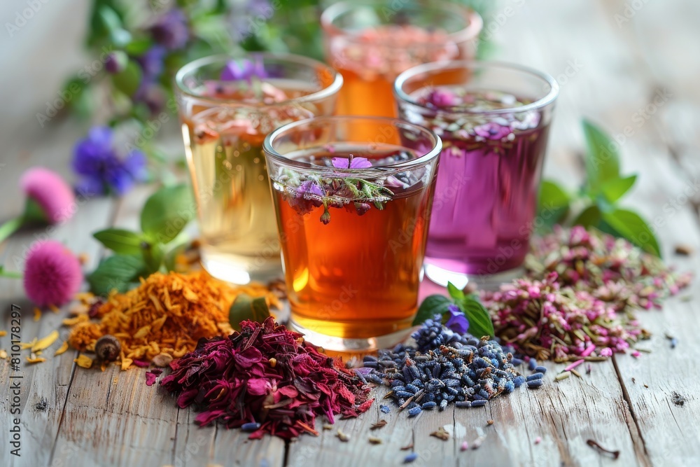 A collection of herbal teas surrounded by related flowers and leaves, emphasizing the natural origins of the infusions A collection of herbal teas surrounded by related flowers and leaves, emphasizing the natural origins of the infusions