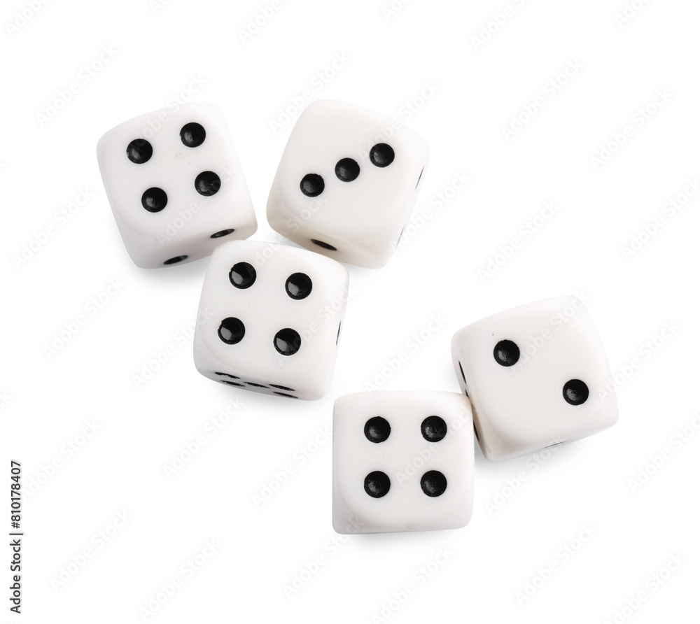 Many dices isolated on white, top view. Game cubes Many dices isolated on white, top view. Game cubes