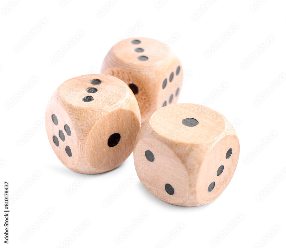 Three wooden game dices isolated on white Three wooden game dices isolated on white
