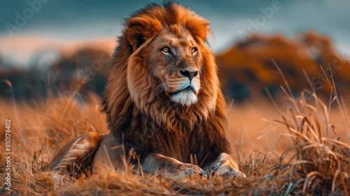 Lion sitting in autumn grass. Wildlife photography in natural scenery. Majestic lion during fall season.