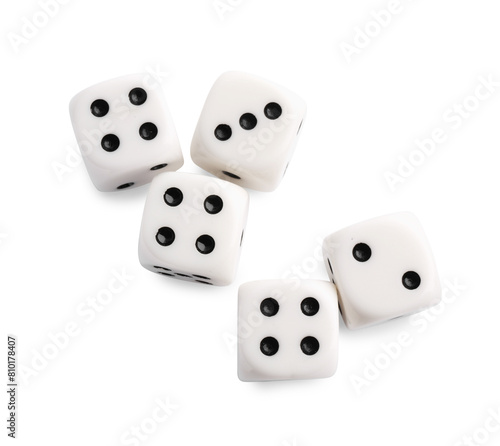 Many dices isolated on white  top view. Game cubes