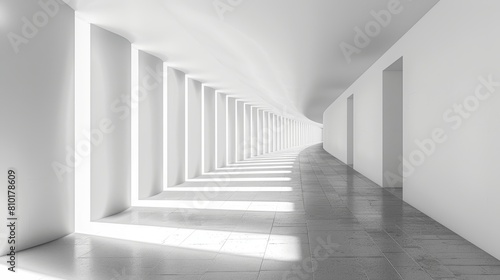 The image shows a long, empty hallway with white walls and bright lights. The floor is made of gray concrete.
