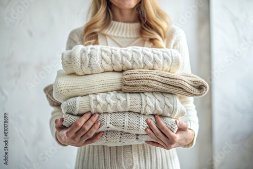 Close-up. A woman with knitted warm clothes in white and beige tones in her hands. Winter season, small business, handmade clothes.