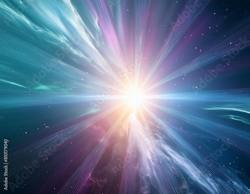 Abstract image of a bright light explosion in space with vibrant rays © bvbflo1