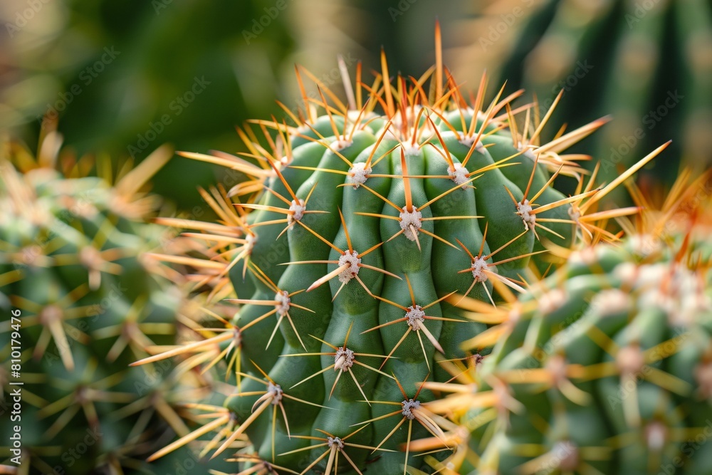 Detailed close-up of cactus spikes, highlighting their coarse texture and geometric motifs Detailed close-up of cactus spikes, highlighting their coarse texture and geometric motifs