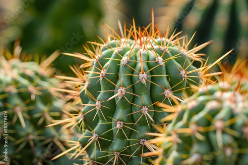 Detailed close-up of cactus spikes, highlighting their coarse texture and geometric motifs