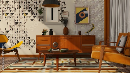 mid-century modern living room with vintage furniture and geometric patterns