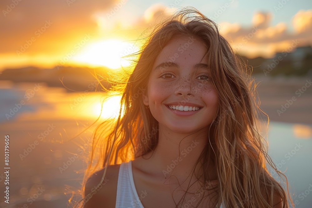 A joyful girl smiling with the sunset reflecting in the beach waters behind her A joyful girl smiling with the sunset reflecting in the beach waters behind her