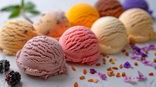 A row of ice cream cones with different flavors  including strawberry