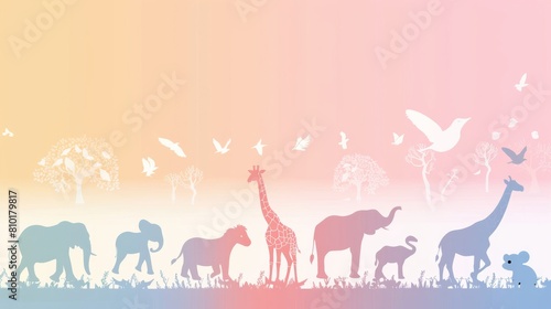 A colorful poster of animals in a field  including giraffes  elephants