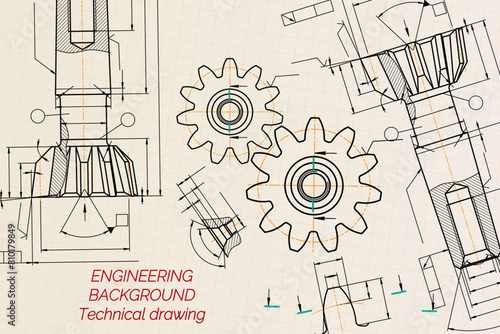 Mechanical engineering drawings on sepia background. Tap tools, borer. Technical Design. Cover. Blueprint. Vector illustration.
