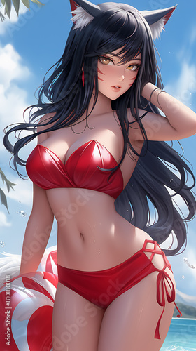 beautiful anime fox girl in red bikini generative ai