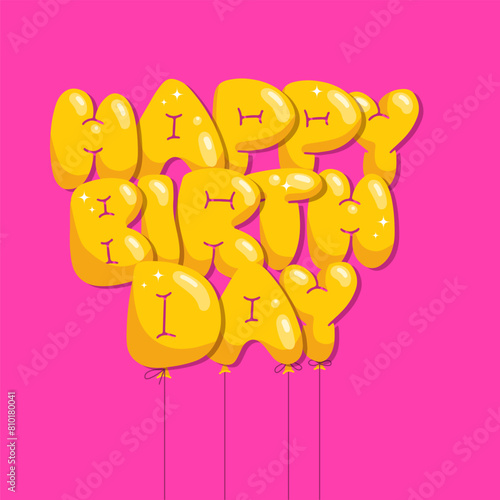 Vector flat hand drawn balloon text of Happy Birthday on the pink background. Concept of celebration and happy birthday holiday. Typography poster template.