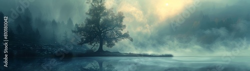 The photo shows a beautiful landscape with a large tree in the center, surrounded by a thick fog photo