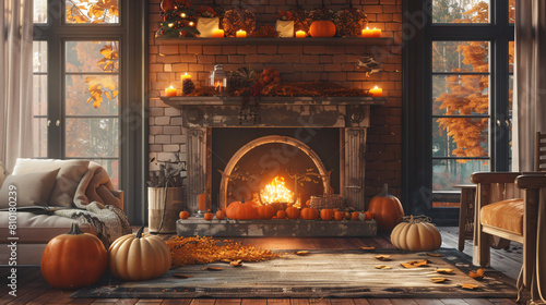 Interior of living room with pumpkins and fireplace