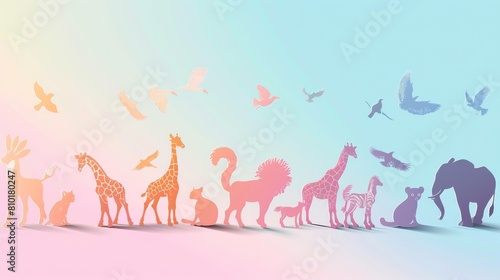 A line of animals including giraffes, elephants, and deer